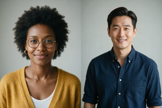 Two coworkers turn a Monday meeting into a desk concert — Retrato ficticio generado con IA