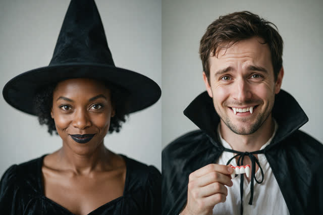 A couple rap about their last-minute Halloween costumes — AI-generated fictional source portrait