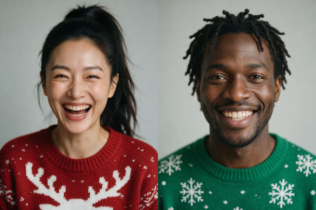 Two best friends rap a Christmas wish list in ugly sweaters — Retrato ficticio generado con IA