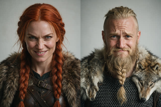 Two Vikings argue over who forgot the oars — Portrait fictif généré par IA