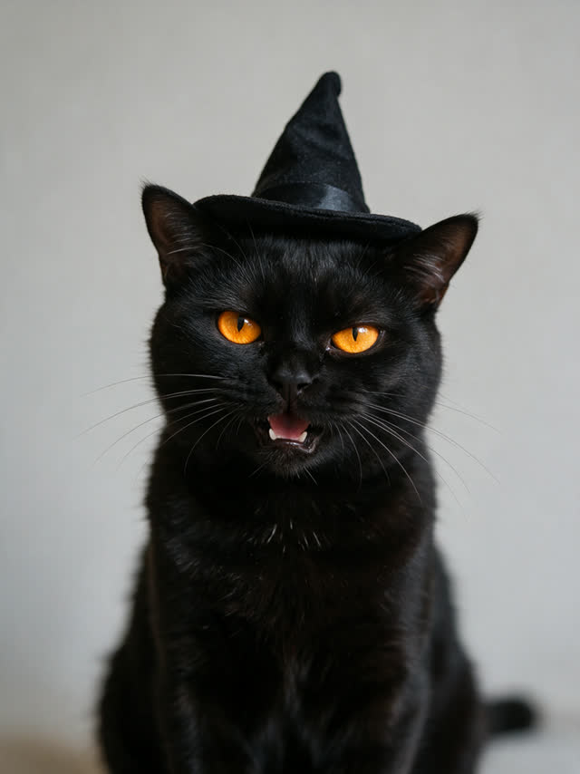 A cat in a witch hat raps a threat to the whole house — AI-generated fictional source portrait